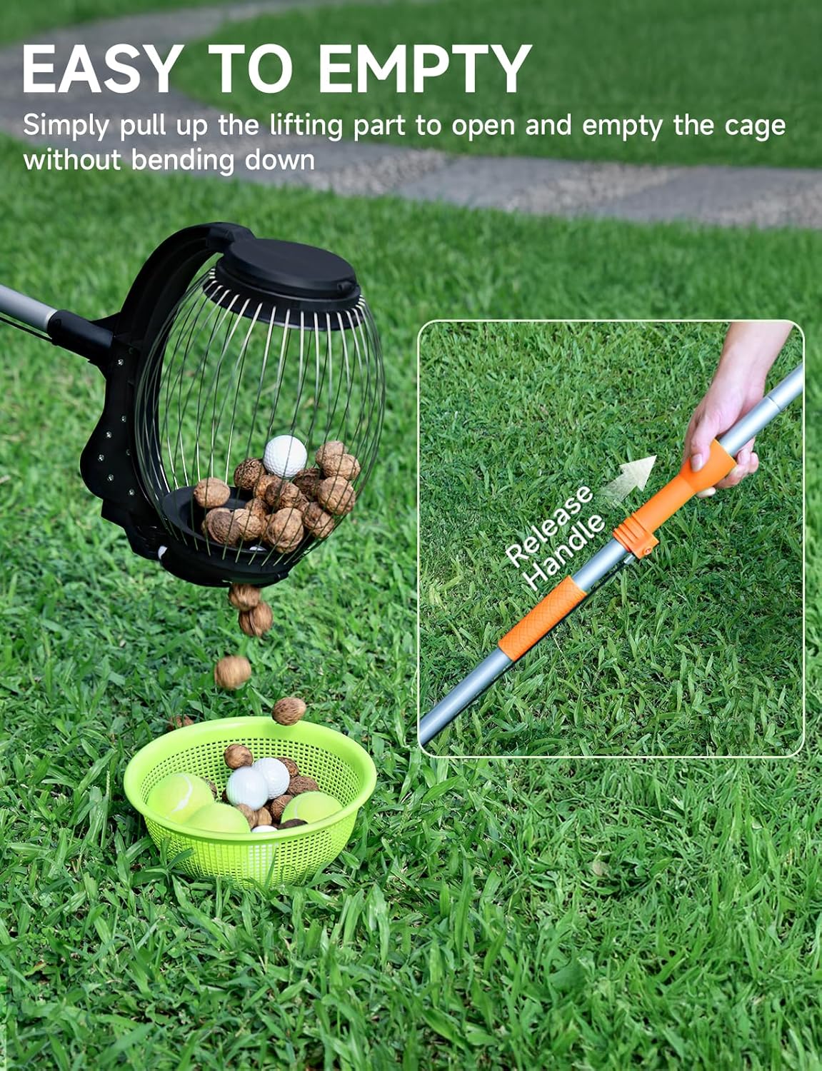 Acorn Picker Upper Roller for Walnuts - Nut Gatherer with 1.8-Gallon Capacity, No-Bend Emptying Design，Suitable for 1.2"-3.6" Walnuts,Chestnuts, Fallen Apples & Tennis Balls