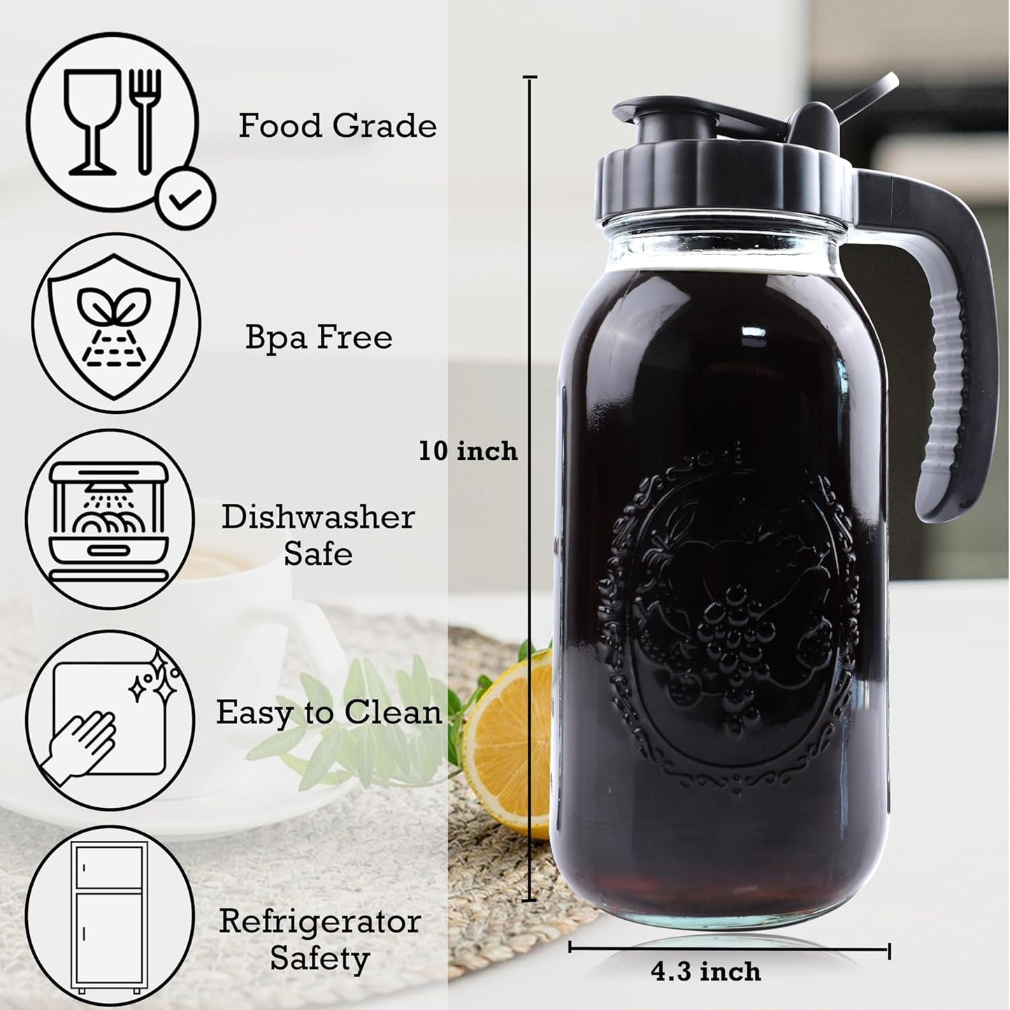 Cold Brew Coffee Maker Pitcher 2 Quart Glass Mason Jar With Spout Lid Filter Half Gallon Wide Mouth Iced Tea Brewing Jug Heavy Duty Handle Airtight & Leak-Proof Pitcher For Fridge Sun Tea 64 OZ