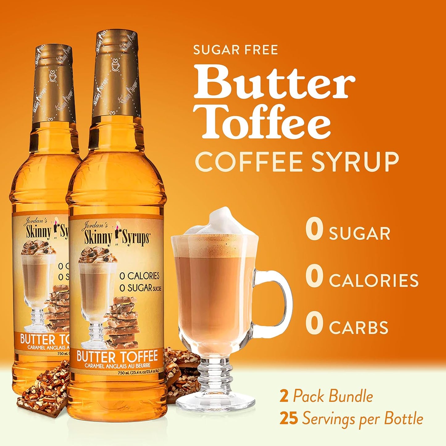Jordan's Skinny Syrups Butter Toffee, Sugar Free Flavoring Syrup, 25.4 Fl Oz (Pack of 2)
