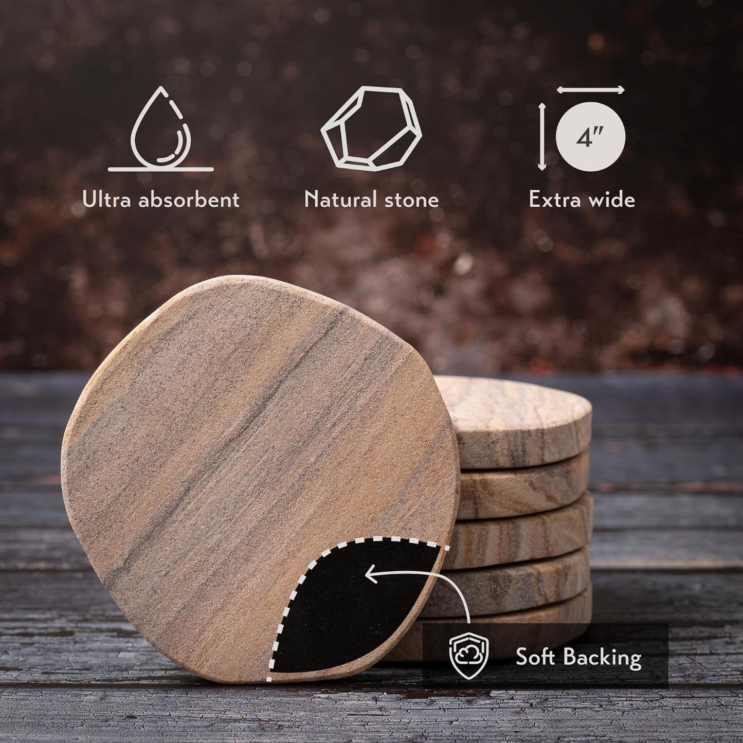 Cork & Mill Absorbent Coasters Set of 6 - Water Absorbing Sandstone Coasters for Drinks - Perfect for Coffee Table, Office Desk, Outdoor, Bedroom Nightstand - 4" Round - Unique Irregular Edge Design