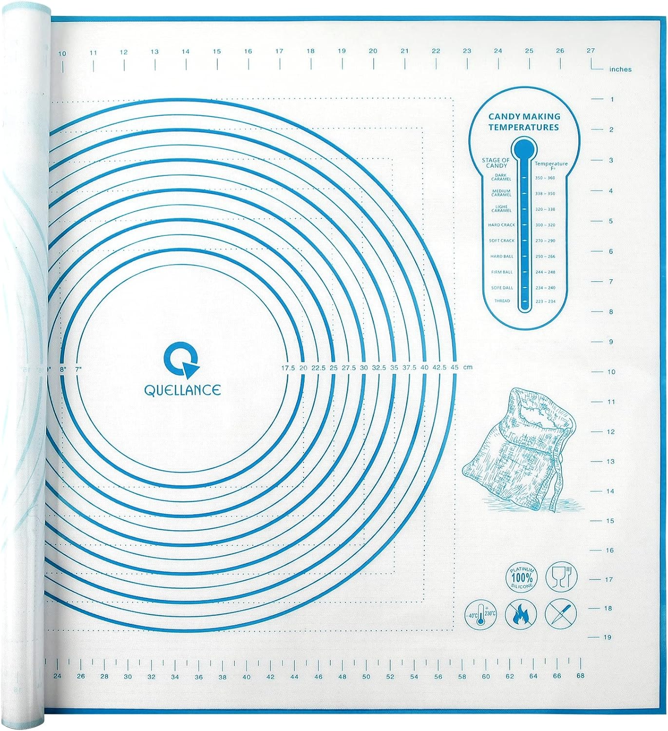 Silicone Baking Mat with Measurements, Pastry Mat for Rolling Dough, Fondant Mat Sheet for Pizza and Cookies, Pie Crust, Oven Liner, Counter Mat, 24''(W)32''(L) Blue