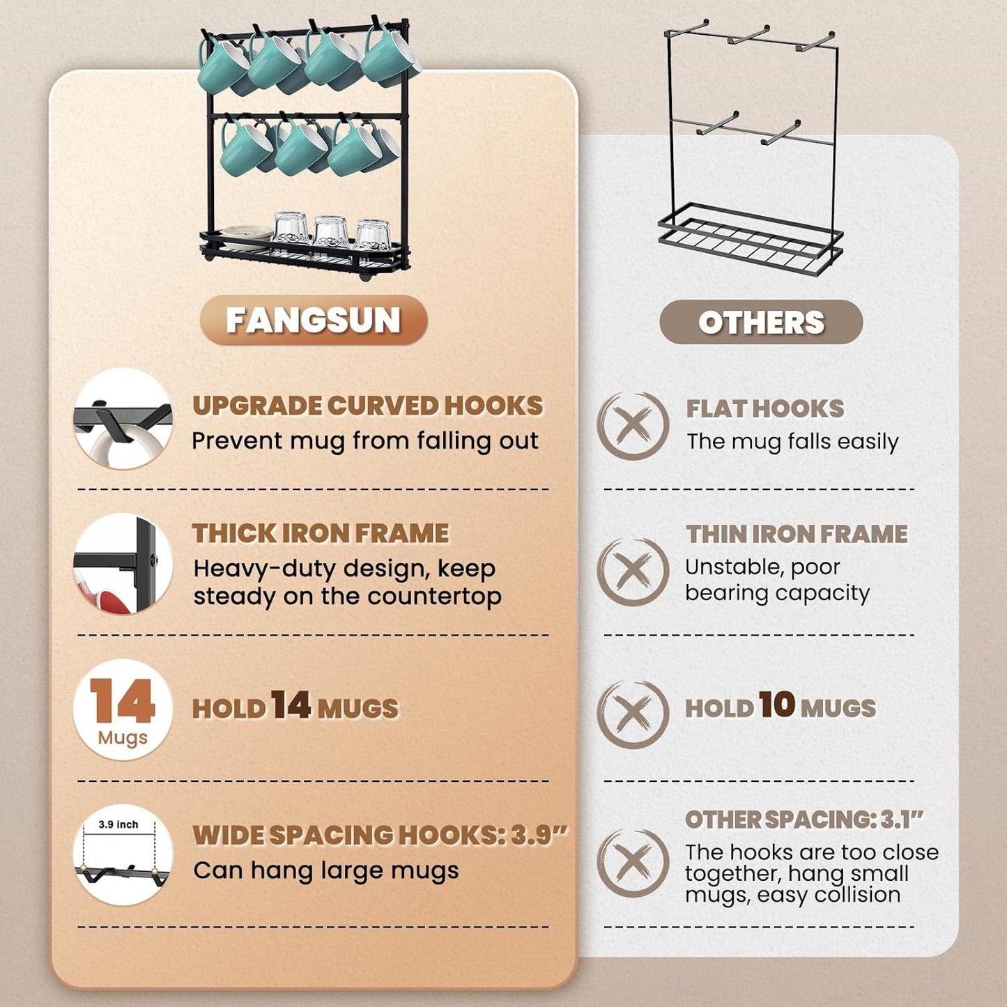 FANGSUN Large Coffee Mug Holder Stand Countertop, Tree Rack for 14 Mugs, 2 Tier Counter Display Storage, Metal Wire Tea Cup Holder for Coffee Station Kitchen Organizer, Not Included Mugs