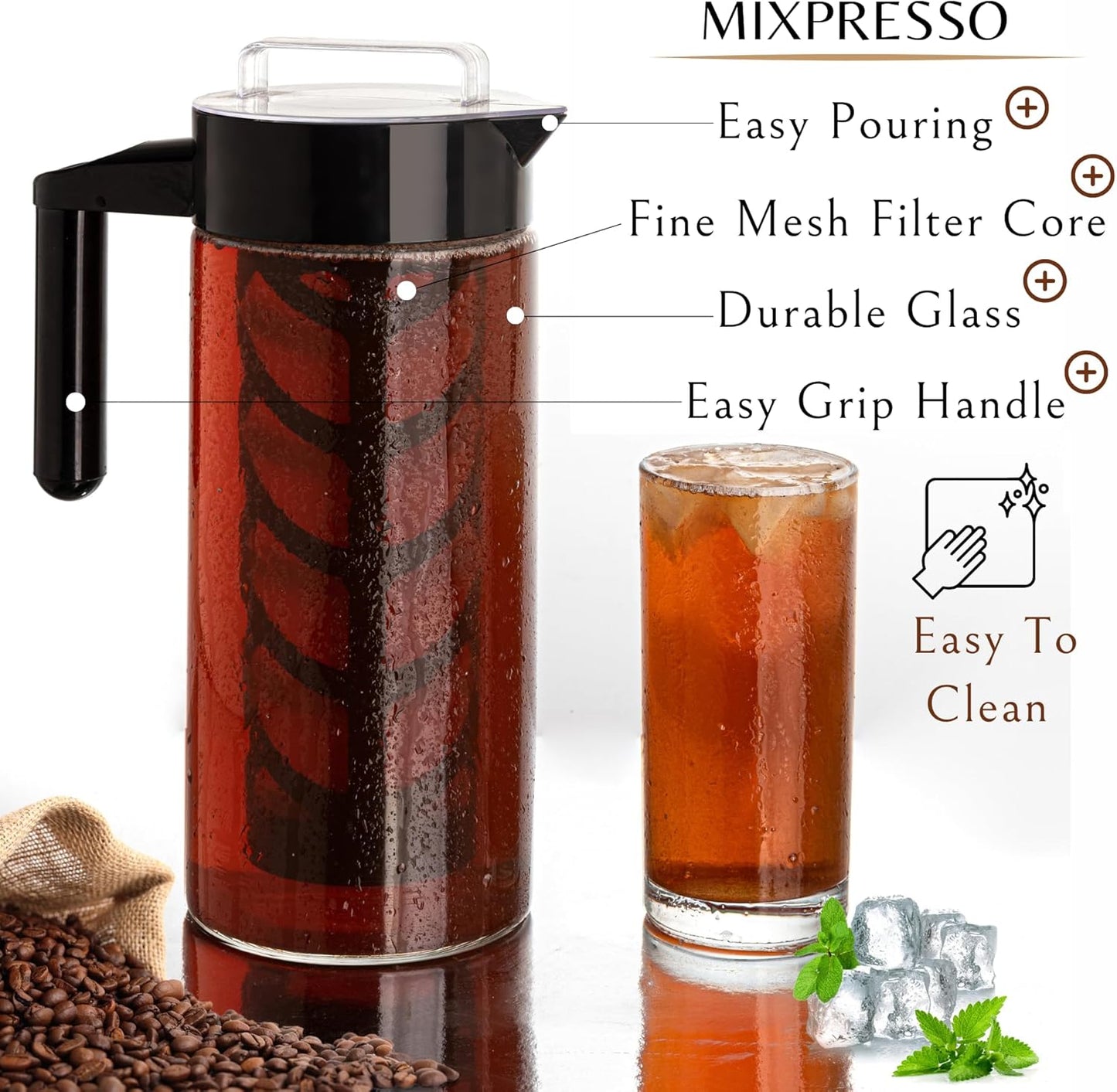 Mixpresso Cold Brew Maker For Iced Coffee and Iced Tea, Cold Coffee Maker Glass Pitcher, Tea Infuser For Loose Leaf Tea, 44oz Large Ice Tea Brewer with Easy to Clean Reusable Mesh Filter.