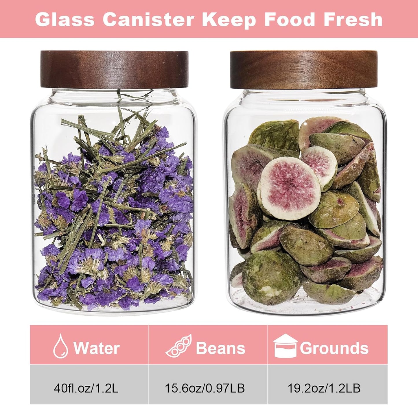 Glass Spice Jar Coffee Sugar Container Airtight Glass Jar Food Storage Canisters Bottle for Kitchen Seasoning Tea Herb Overnight Oats Bar Parfait Snacks (1200ml(40oz)-2 pack)