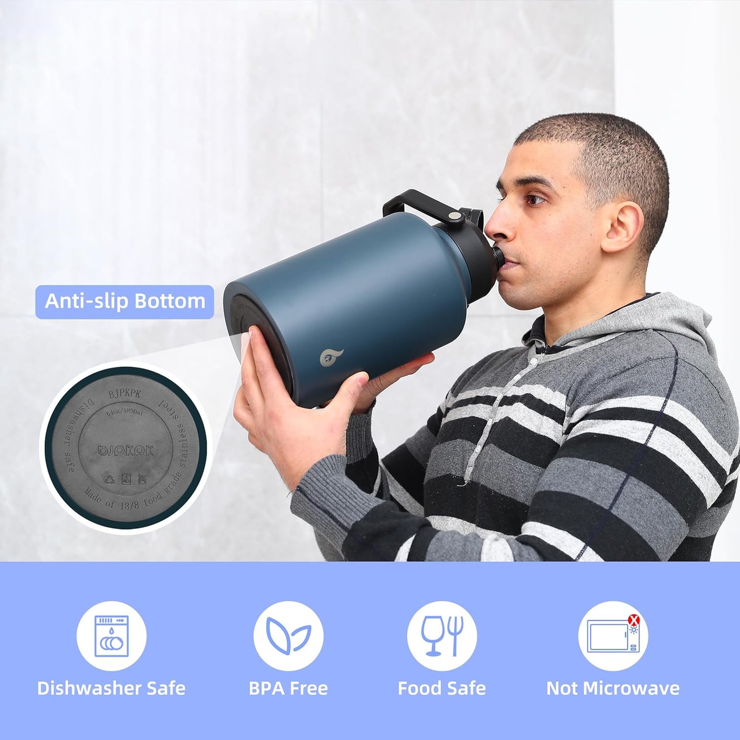 BJPKPK 64 oz Insulated Water Bottle, Dishwasher Safe Half Gallon Water Bottle with Ergonomic Handle, BPA Free Leak Proof Water Jug for Sports, Metal Thermos with Anti-slip Bottom, Black