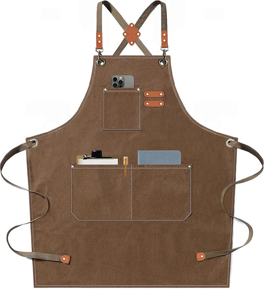 AFUN Chef Aprons for Men Women with Large Pockets, Cotton Canvas Cross Back Heavy Duty Adjustable Work Apron, Size M to XXL (Brown)