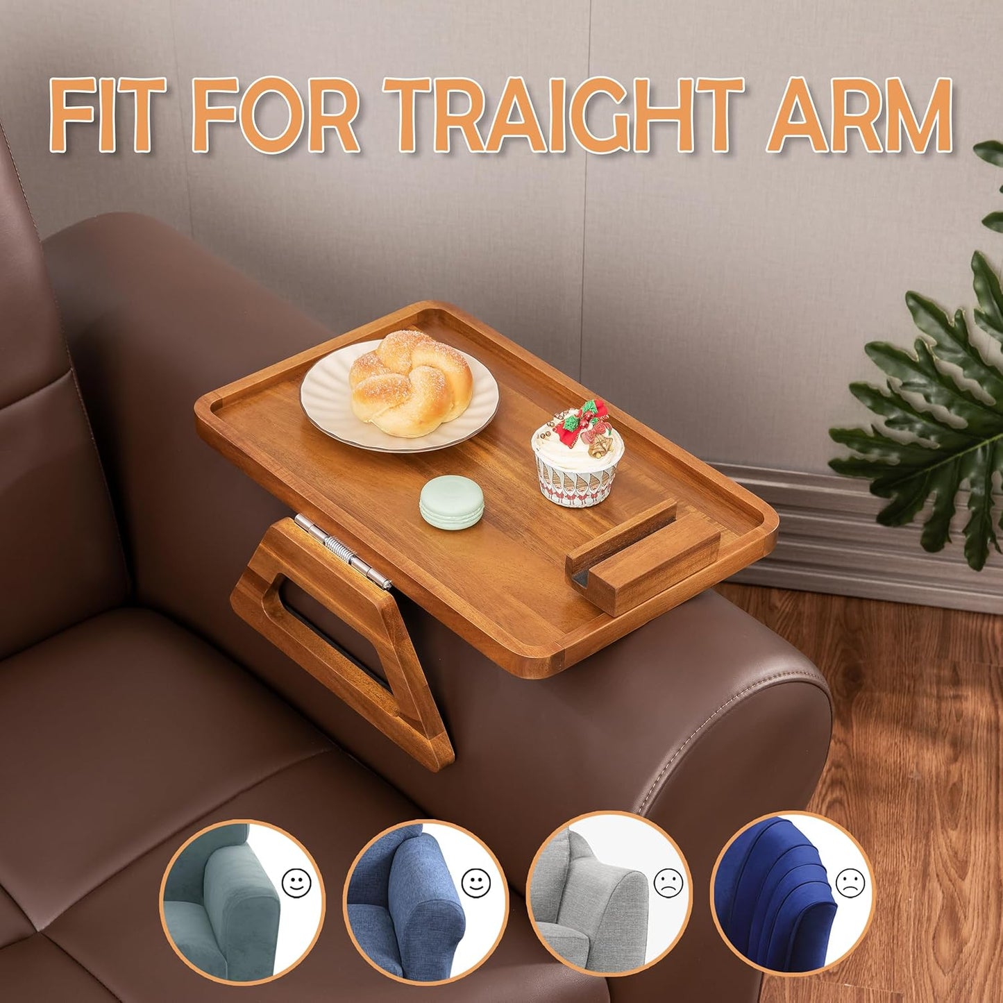 Acacia Wood Sofa Armrest Tray -15.4 x 9.84 in Double Hinge Sofa Arm Tray Table Clip-Couch Arm Table-Wooden Side Tables for Eating and Drink (Acacia, 15.4" D x 9.84" W x 5.7" H)(Natural)