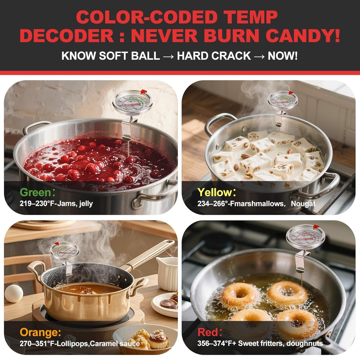 Upgraded Candy Thermometer Waterproof - Oil Thermometer for Frying with Clips - 9" Side of Pot Rainbow dial Thermometer Deep Fry for Oil Candy Candle BBQ - Silver XL