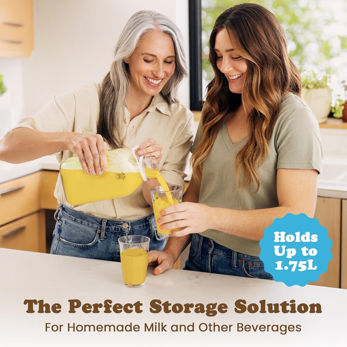 Almond Cow - Glass Pitcher with Lid and Spout, Glass Bottle Milk Container for Refrigerator, Clear Milk Jar Bottles, Food-Grade Liquid Container, 60 fl oz Capacity, 5 x 4 x 10 Inches