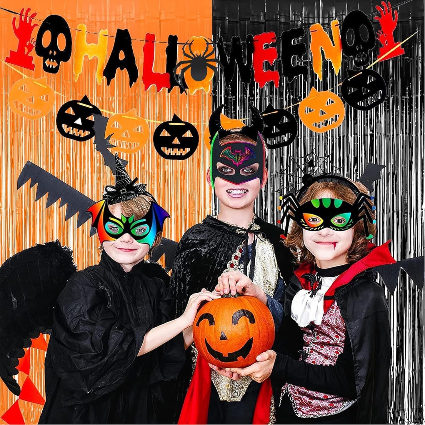 BRAVESHINE 1 Black 1 Orange Tinsel Photo Backdrop Curtains - 3.2x8.2ft Foil Fringe Streamer Curtain for Birthdays, Halloweens, Graduations, Pumpkin, Home, Indoor or Outdoor Party Supplies Decorations