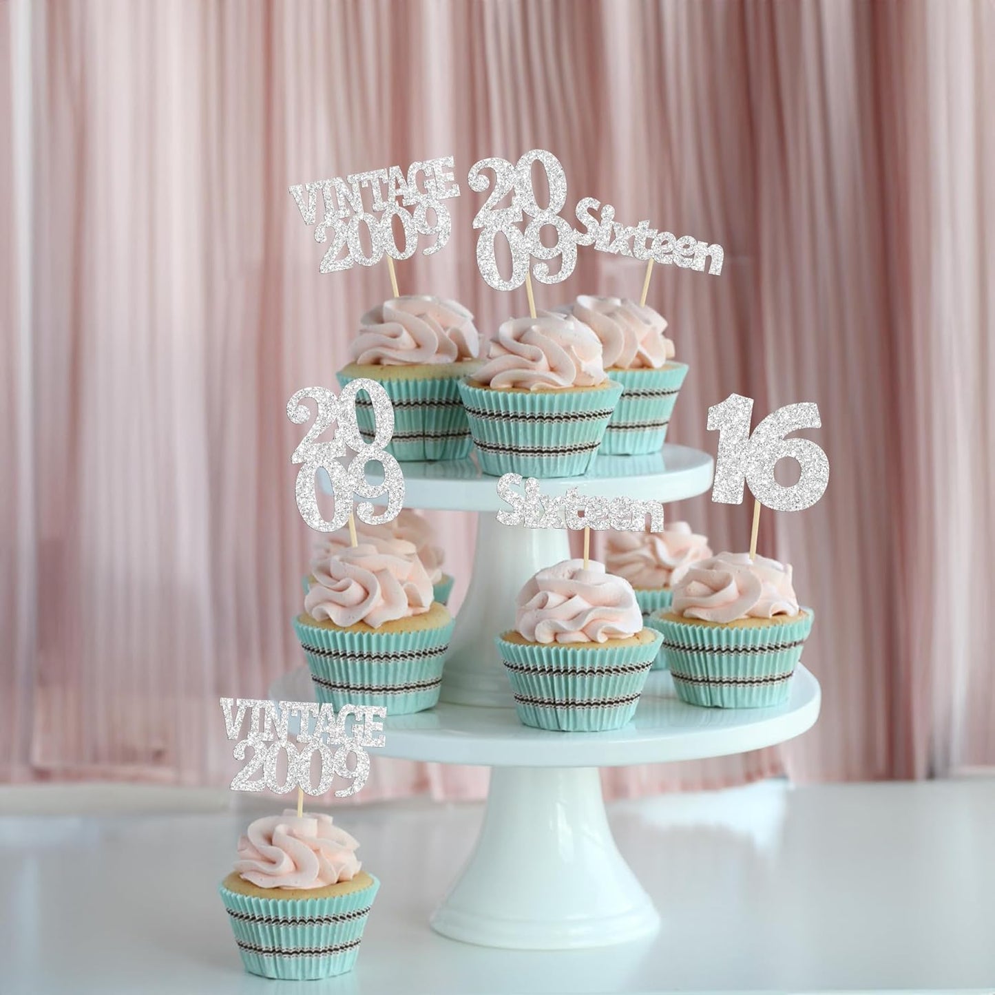 Gyufise 24Pcs 16th Birthday Cupcake Toppers Glitter Sixteen Vintage 2009 Hello 16 Years Birthday Cupcake Picks Sweet 16 Cake Decorations for Happy 16th Birthday Anniversary Party Supplies Silver