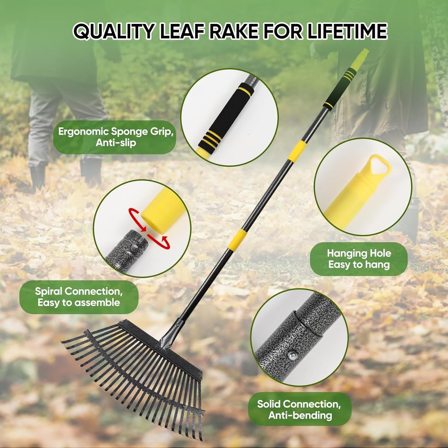 Garden Leaf Rakes, 6FT Rake for Lawns Heavy Duty 25 Metal Tines 18.5 inch Wide, Adjustable Steel Handle, Rakes for Leaves, Gathering Shrub, Grass, Flower Beds