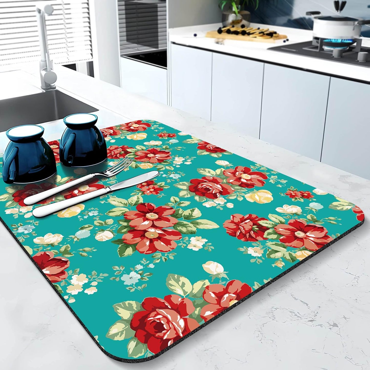 Rubber Dish Drying Mat for Kitchen Counter Large Boho Flowers Washable Quick Home Coffee Pad Fit Under Sink,Bar,Utensils 18x24in
