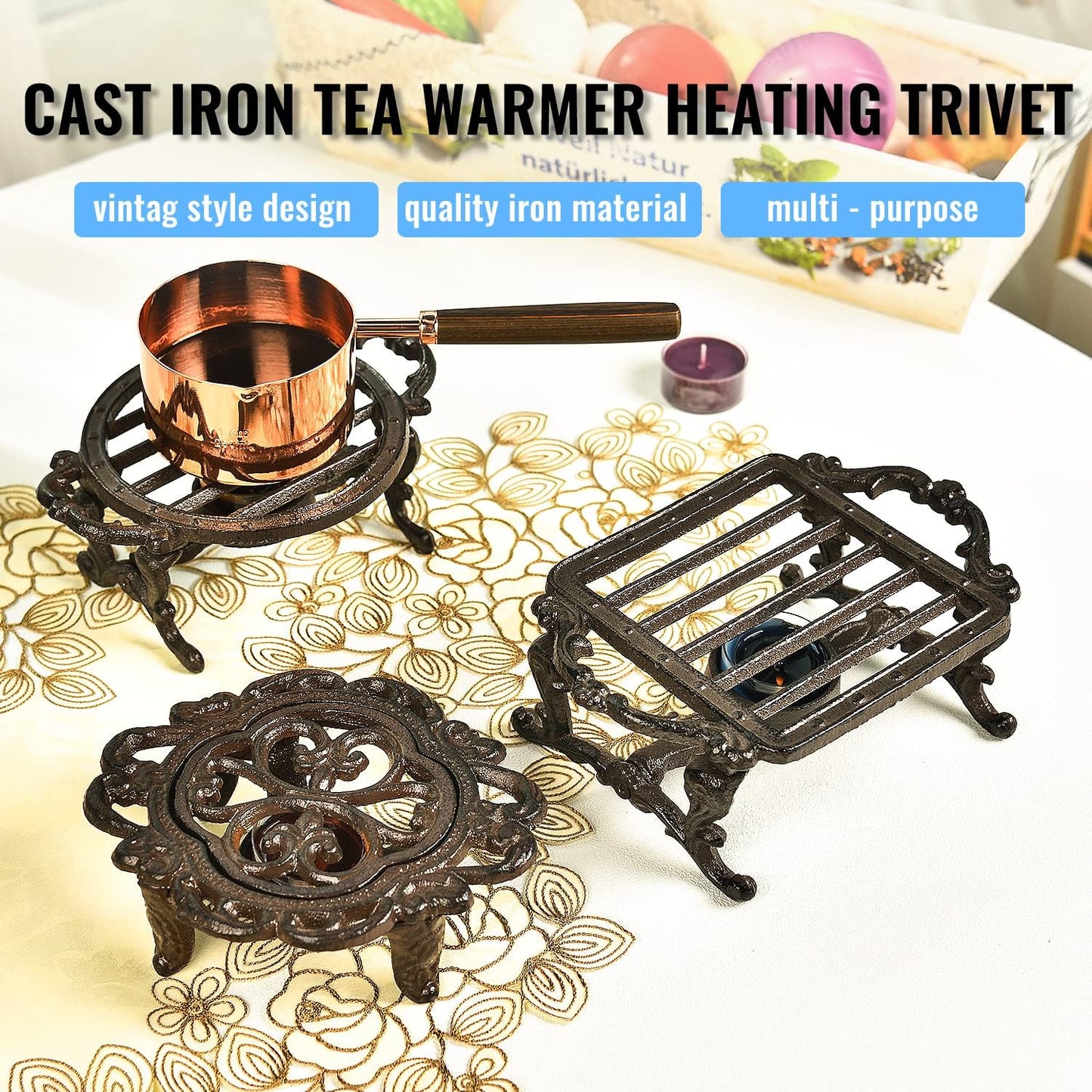 Sungmor Heavy Duty Cast Iron Teapot Dish Warmer Stable Holder for Tealight Stand | Tealight Warmer Decorative Stove for Villa Yard Balcony-Square