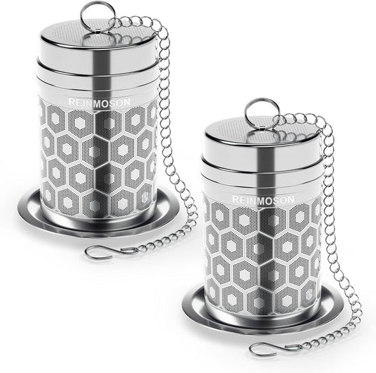 2 Pack Reinmoson Tea Strainers for Loose Tea, Extra Fine Mesh Tea Infuser, 304 Stainless Steel & Updated Slim Threaded Lid, Loose Leaf Tea Steeper for Black Tea, Rooibos, etc