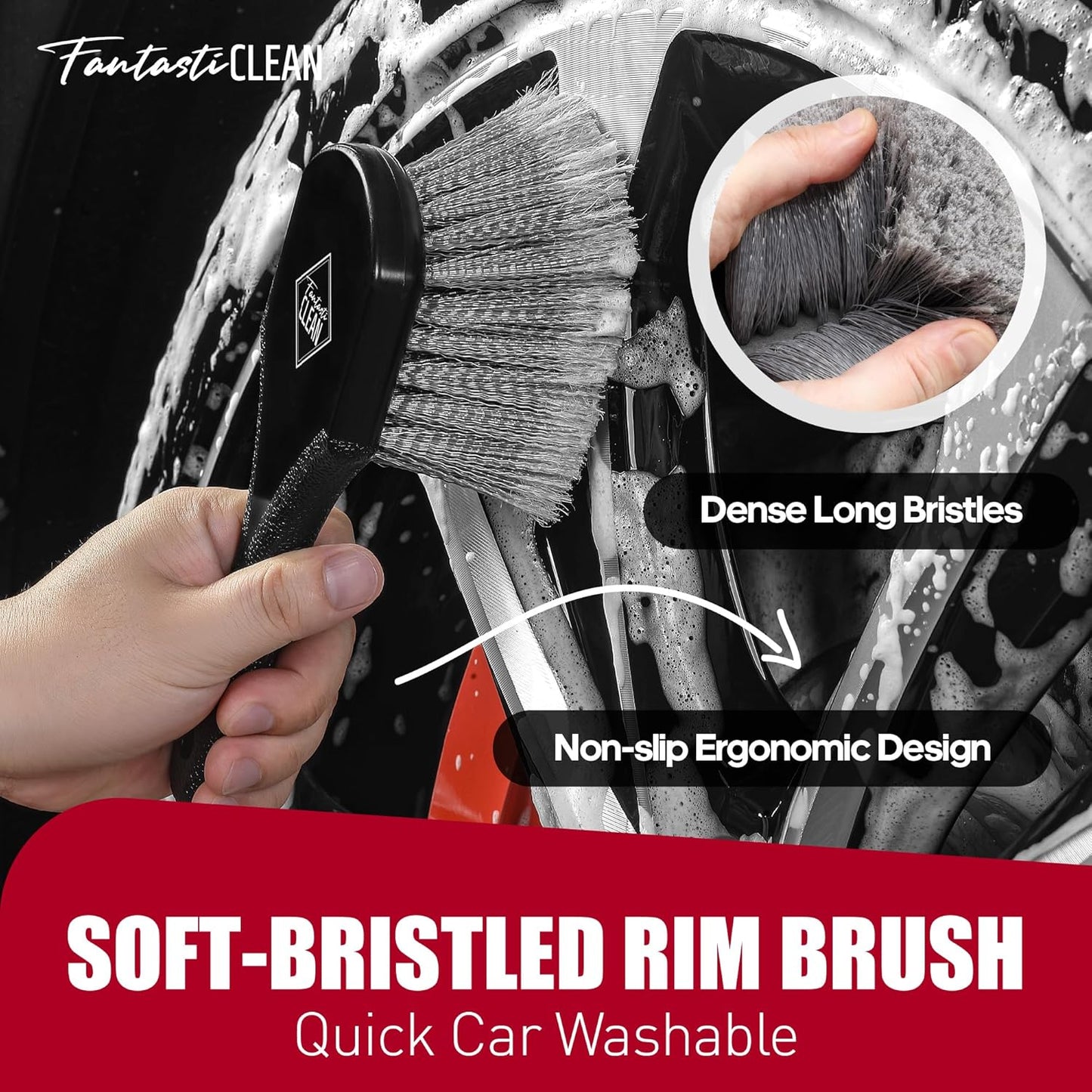 Fantasticlean 7PCS Car Wheel Brush Kit, Tire Brush, Soft-bristled Rim Brush, Scratch-Free Chenille Tape, Microfiber Bendable Brush, Curved Detailing Brush with Elbow Connector, Detailing Pads