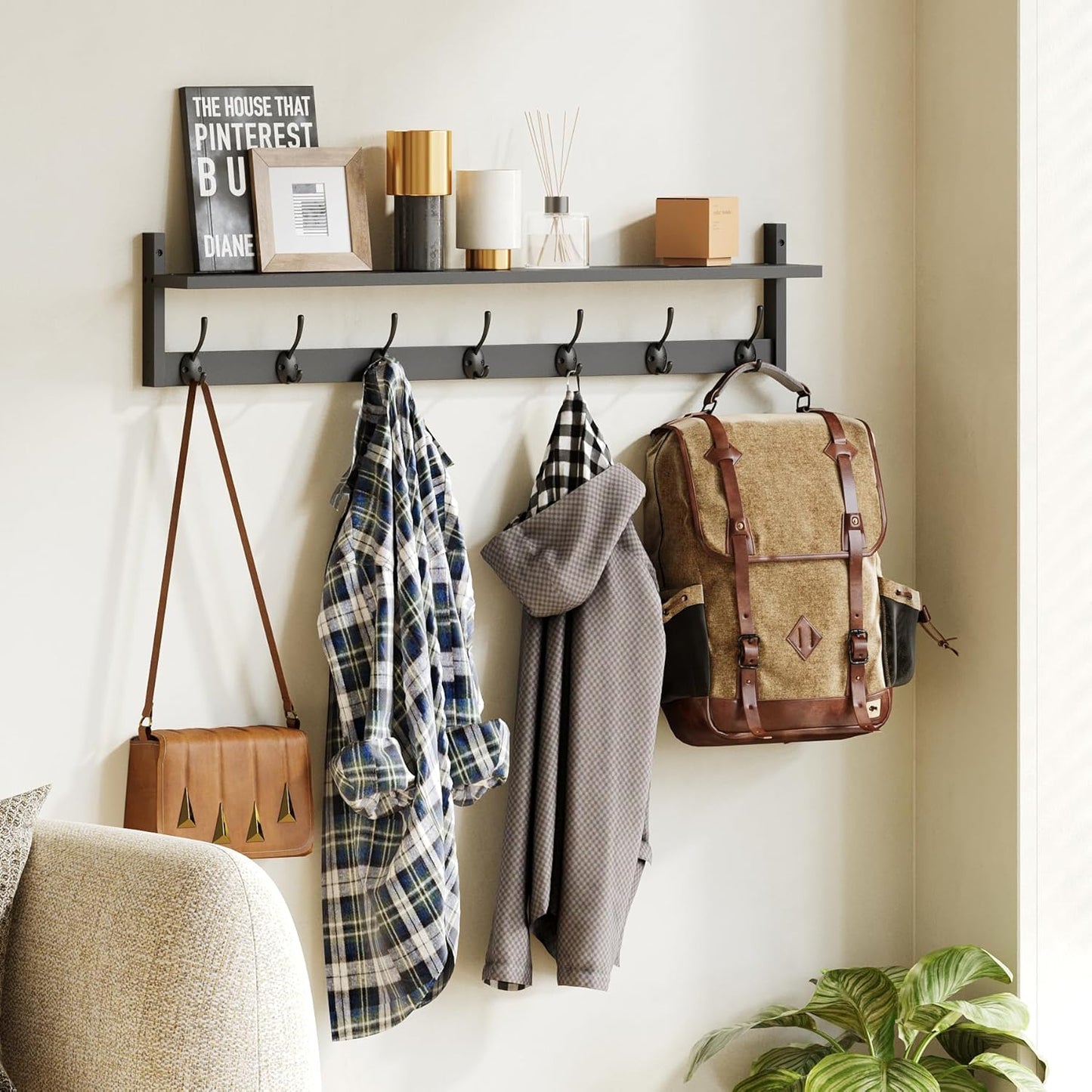 BAMEOS 35 Inch Wall Hooks With Shelf - Entryway Hanging Wood Coat Rack With 7 Dual Hooks for Bathroom, Living Room, Bedroom (Black)