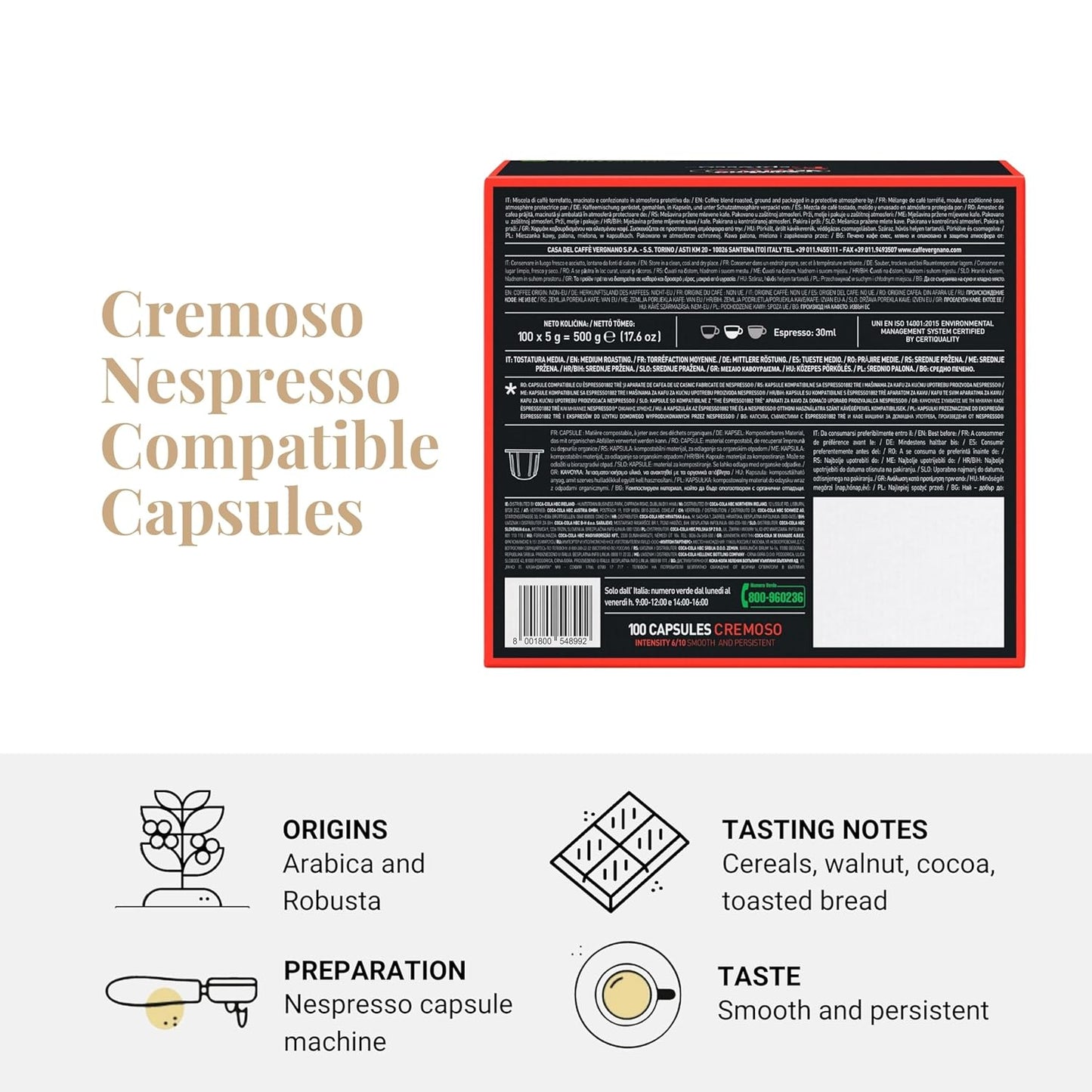 Caffe' Vergnano 1882 Medium Roast Espresso Original Line Machine Compatible Capsules, Arabica Robusta Espresso Coffee, Italian Coffee For Nespresso Coffee Machines, Intensity 6/10, Cremoso, 100 Ct