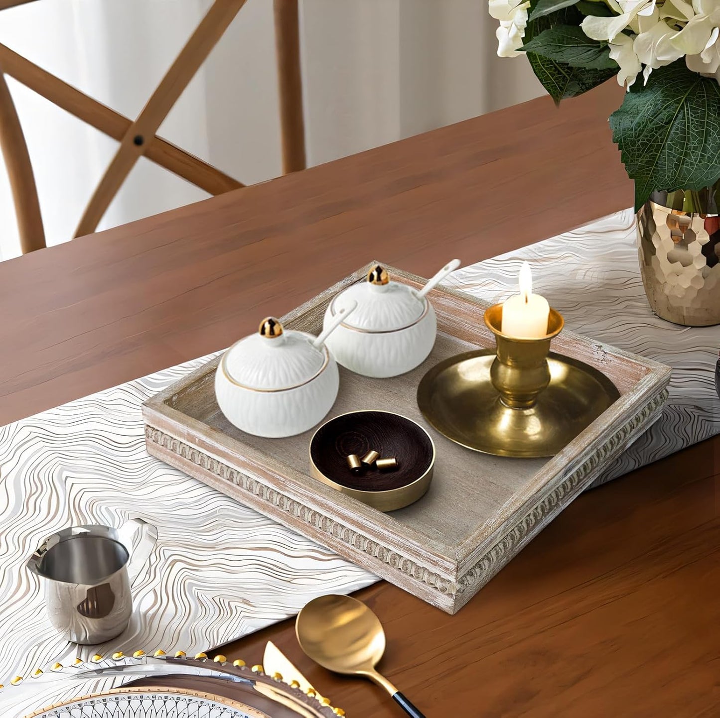 MAONAME Wood Serving Tray, Farmhouse Wooden Tray for Coffee Table, Rustic Square Trays with Beads, Washed White Decorative Trays for Living Room, Kitchen, 12" X 12" X 1.6"