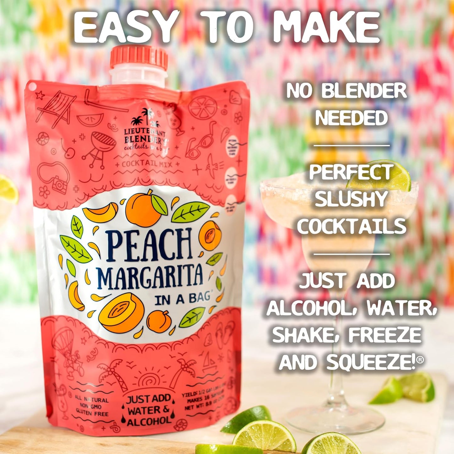 Lt. Blender's Peach Margarita in a Bag - Peach Margarita Mix - Each Bag Makes 1/2 Gallon - Non-GMO Cocktail Mix - No Blender Needed - Add Liquor, Wine or as a Mocktail (Pack of 1)