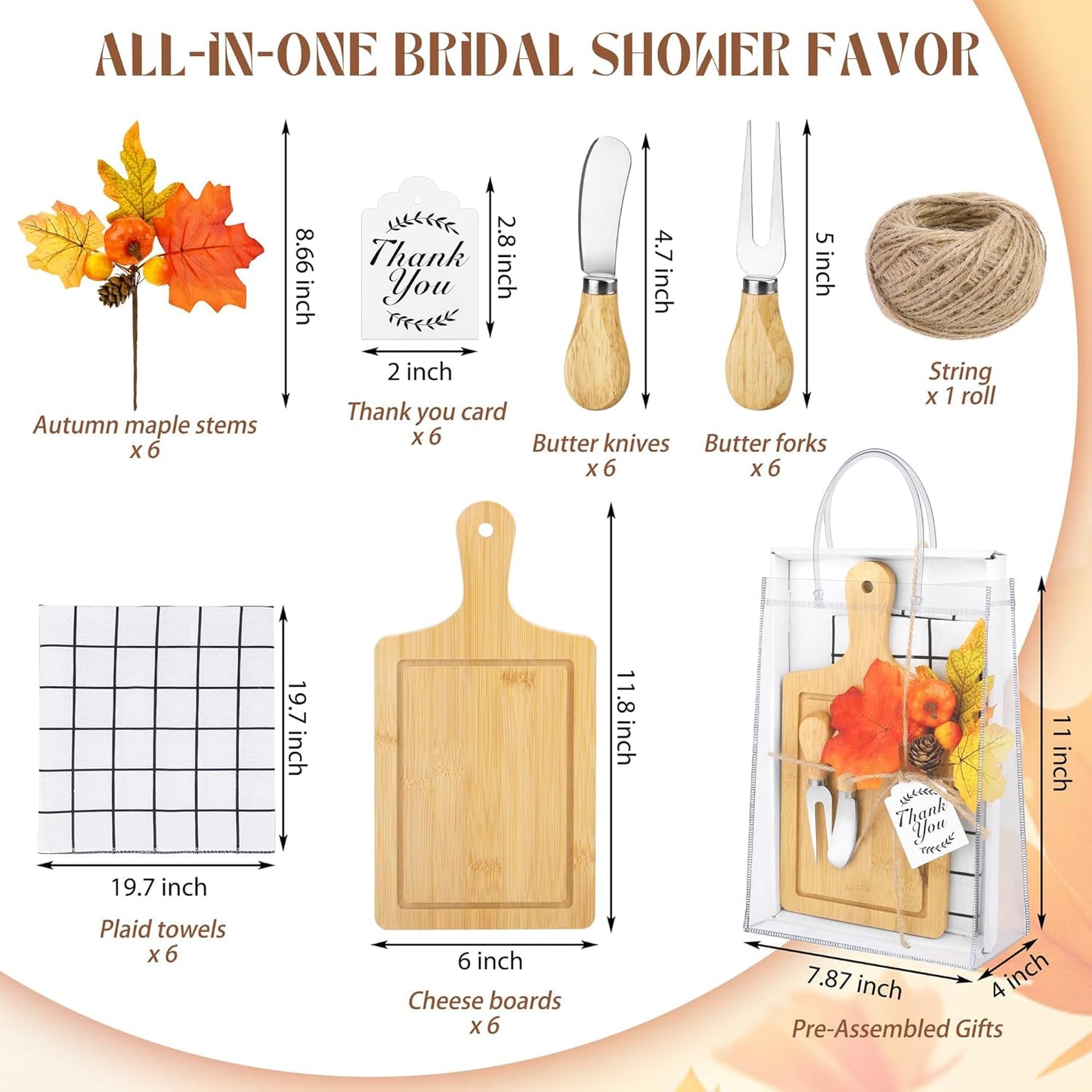 6 Sets Autumn Gifts Bridal Shower Favor 43 Pcs Wooden Square Cheese Board with Knives Forks Kitchen Towels Tags, Pre-Assembled Gifts for Fall Thanksgiving Party Supplies Winner Game Prizes
