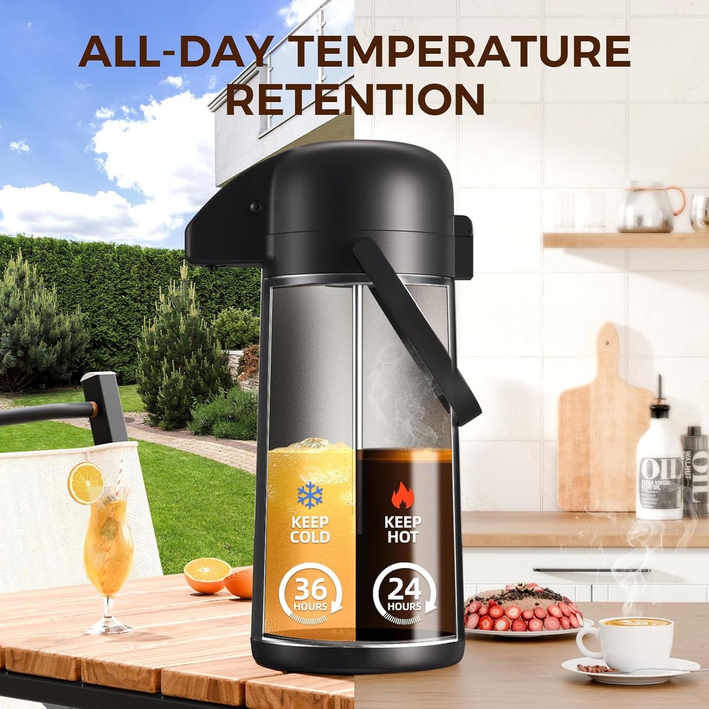Coffee Carafe for Keeping Hot - 102OZ / 3L Airpot Coffee Dispenser with Pump - Large Coffee Thermos for Hot Drinks Tea Liquid - Insulated Stainless Steel Hot Water Beverage Dispenser for Parties,Black