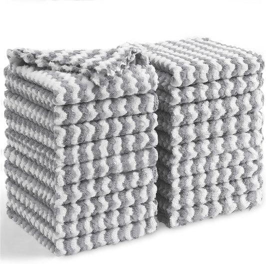 Homaxy 18 Pack Kitchen Dish Cloths, Ultra Soft and Absorbent Dish Towels, Reusable Fast Drying Microfiber Cleaning Cloth, Coral Velvet Wave Design No-lint,10 x 10 inches, Grey