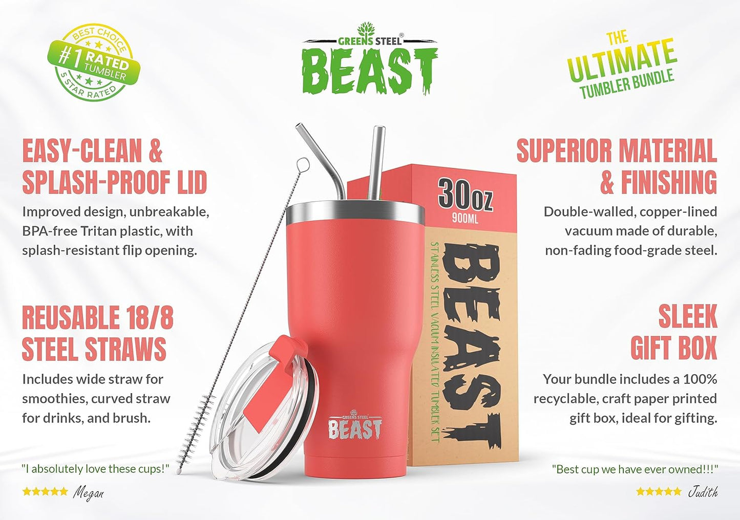 Beast 30 oz Tumbler Stainless Steel Vacuum Insulated Coffee Ice Cup Double Wall Travel Flask (Coral Pink)