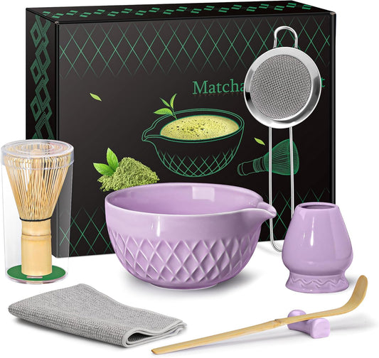 Matcha Whisk Set, 7 Pcs Matcha Kit, Ceramic Matcha Set Includes Matcha Bowl with Spout, Matcha Whisk and Holder, Bamboo Scoop, Scoop Rest, Sifter and Tea Towel (Royal Purple)