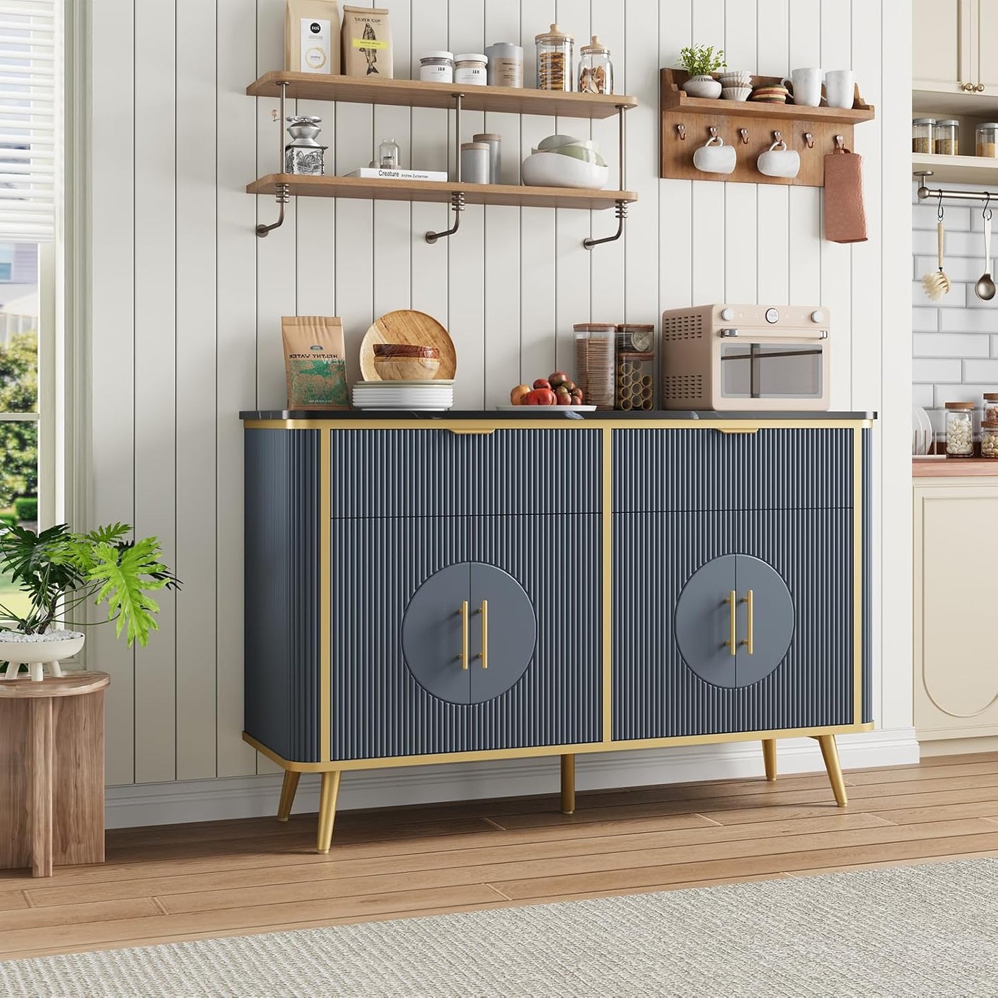 47.2" Buffet Storage Cabinet, Modern Fluted Coffee Bar Station with 2 Drawers & Adjustable Shelves, Kitchen Sideboard Buffet for Dining Room, Living Room, Hallway, Navy Blue