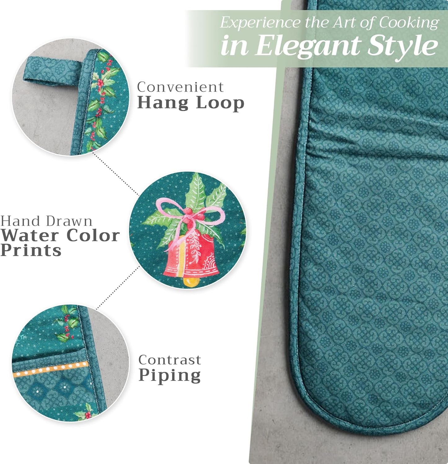 Maison d' Hermine Double Oven Mitts 100% Cotton 7"x35" Double Oven Mitt Heat Resistant BBQ Cooking Gloves with Loop, Baking, Grilling, Home, Kitchen, Handling Hot Pans (Hygge Christmas)