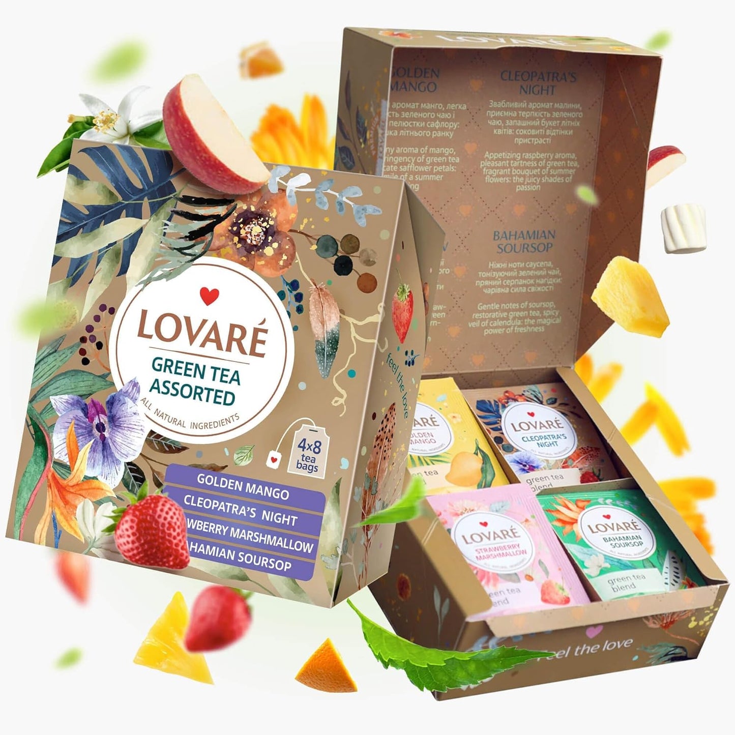 LOVARE Green Assorted Tea Variety Pack 32 Pack - Made in Ukraine - Tea Bags Individually Wrapped 4 Tastes - Golden Mango, Cleopatra’s Night, Strawberry Marshmallow, Bahamian Soursop Assorted Tea Bags