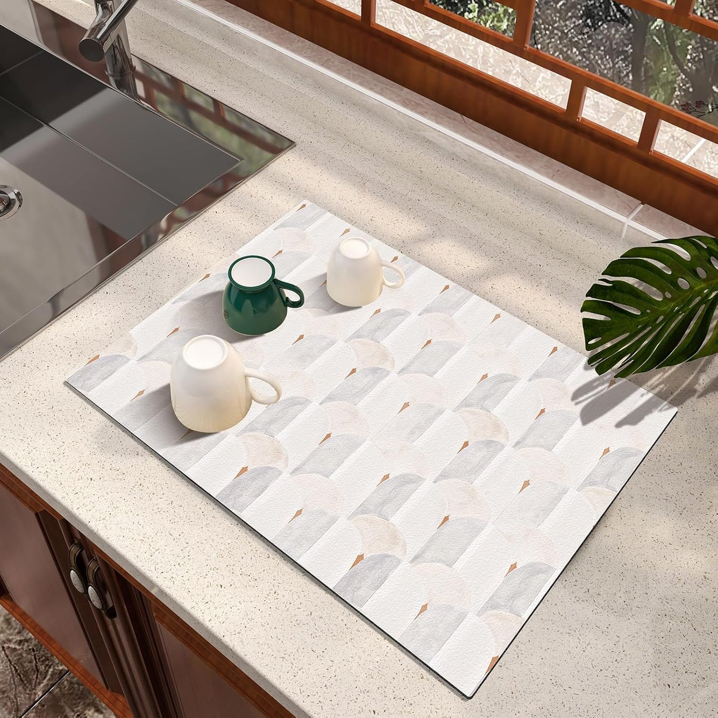 Dish Drying Mat Diatomaceous Earth Soft Coffee Mat Absorbent Silicone Kitchen Counter Mat for Home Kitchen Bathroom Coffee Bar (Sector Geometry, 16 x 24 Inches)