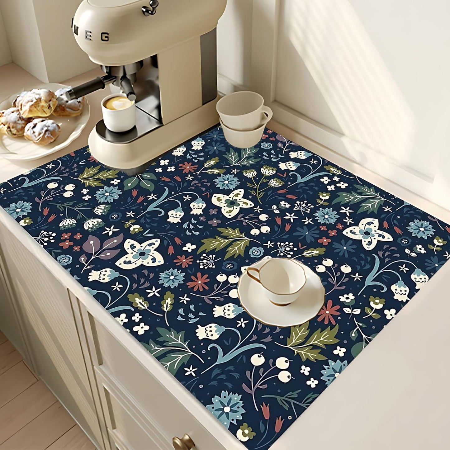 2Pcs Dish Drying Mats Faucet Mats Sets Large Size Coffee Mats Sink Faucet Mat Splash Guard for Kitchen Counter Bathroom Sink Coffee Bar Kitchen Decor (Cute Wildflowers, 18"x24" 15" x 5.5"Set)