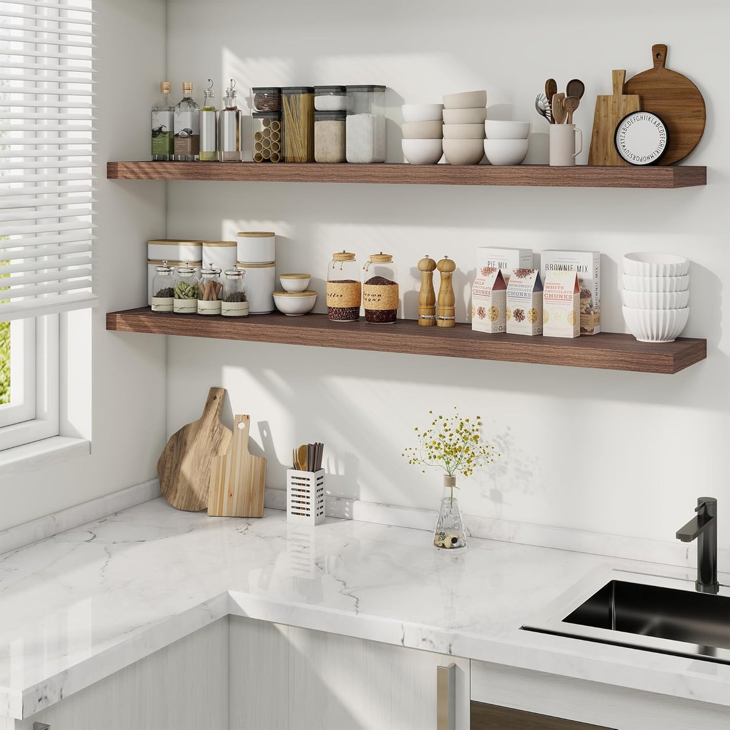 Fun Memories 55 Inch Fireplace Mantel Shelf -Long Floating Shelves, Deep Wall Mounted Farmhouse Display Shelves with Invisible Heavy Duty Metal Bracket, Walnut, 2 Pack