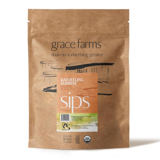 Grace Farms Organic Darjeeling Sunrise Black Tea, 50 Sachet Pouch | Darjeeling & Orange | Fairtrade & Kosher |Gives Back 100% of Profits
