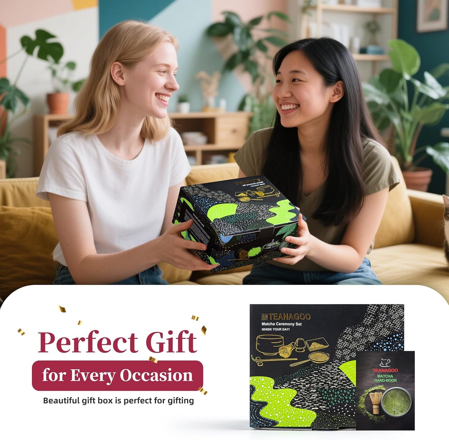 TEANAGOO Matcha Whisk Set Green, 7 Pcs Matcha Set, Matcha Kit for Ceremony, Matcha Tea Set for Making Breakfast/Latte,Whisk Set and Ceramic Bowl with All Accessories, Gift for Family/Friend