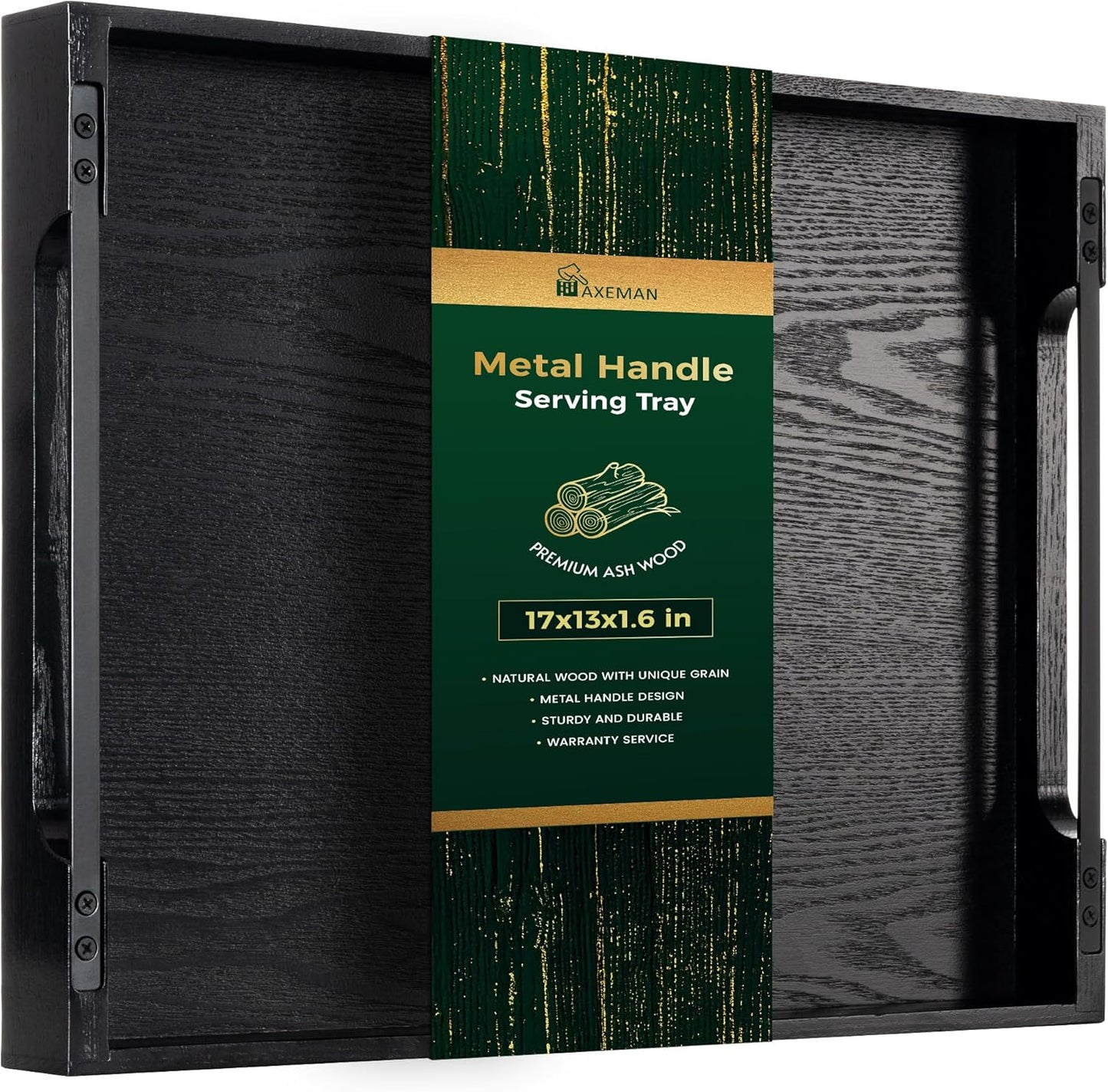 Axeman Wooden Serving Tray with Metal Handles|Ottoman Tray for Breakfast, Bed, Couch|17x13in Ash Wood Coffee Table Trays|Food Drinks Decorative Storage Boards for Ottoman Kitchen, Black