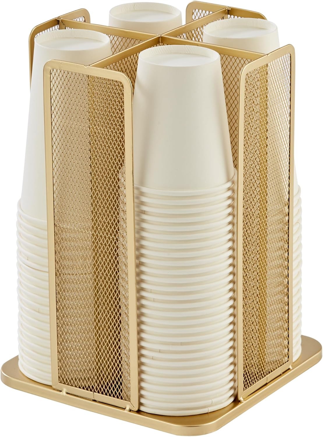 Annova Paper/Plastic Cup and Lid Holder Plastic Storage Organizer, 360°Rotating Coffee Mup Dispenser with 4 Compartments, Multifunctional Storage Rack for Home, Office, Bar, Coffee Shop (Gold)