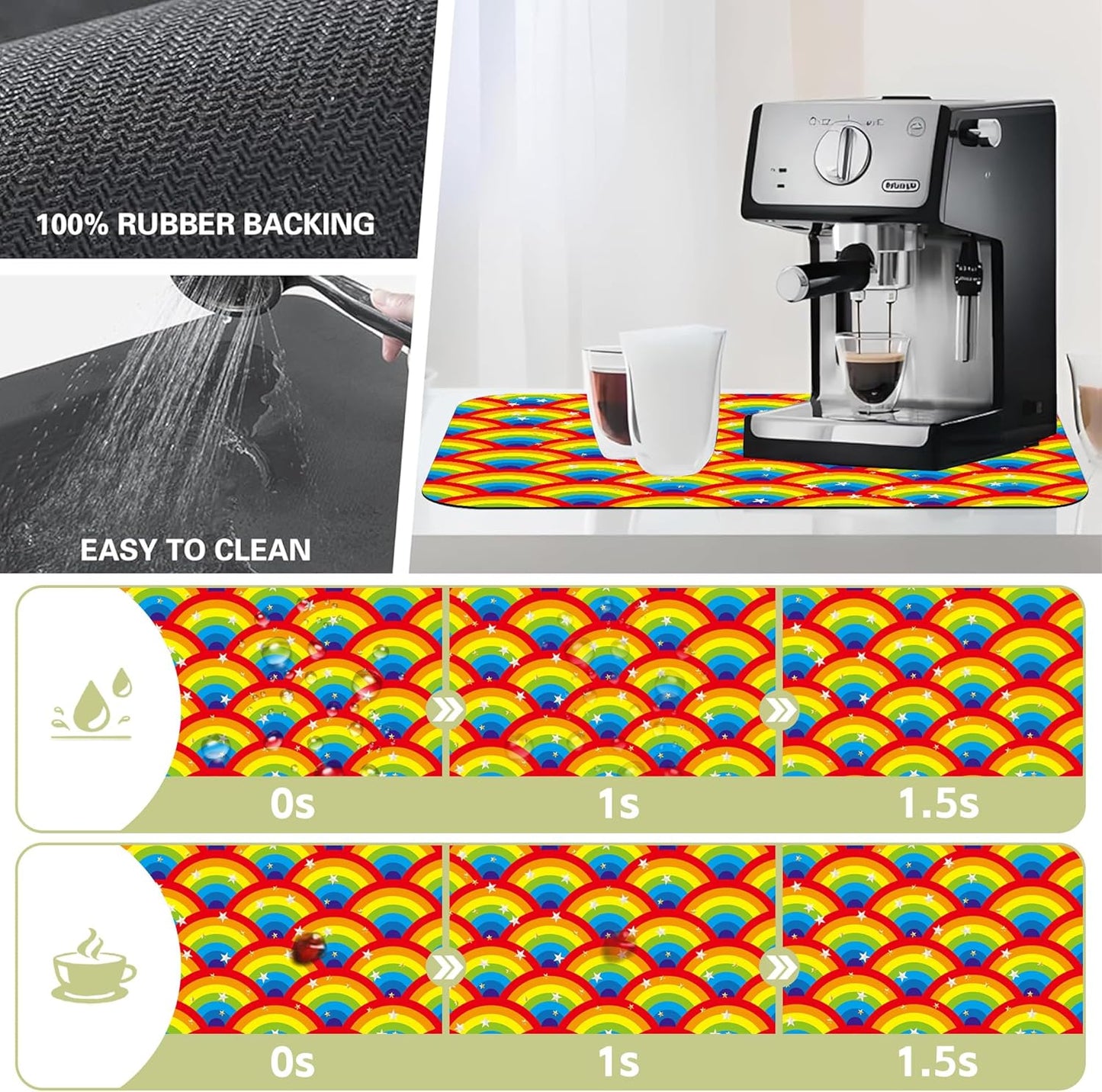 Kitchen Mat Rainbow Half Circle Star Dish Drying Mat 12"x19" Bsorbent Coffee Maker Mat for Sink Dishes or Under Rack Kitchen Counter Accessories Absorbent Hide Stain Rubber Backed Dish Drying Pad