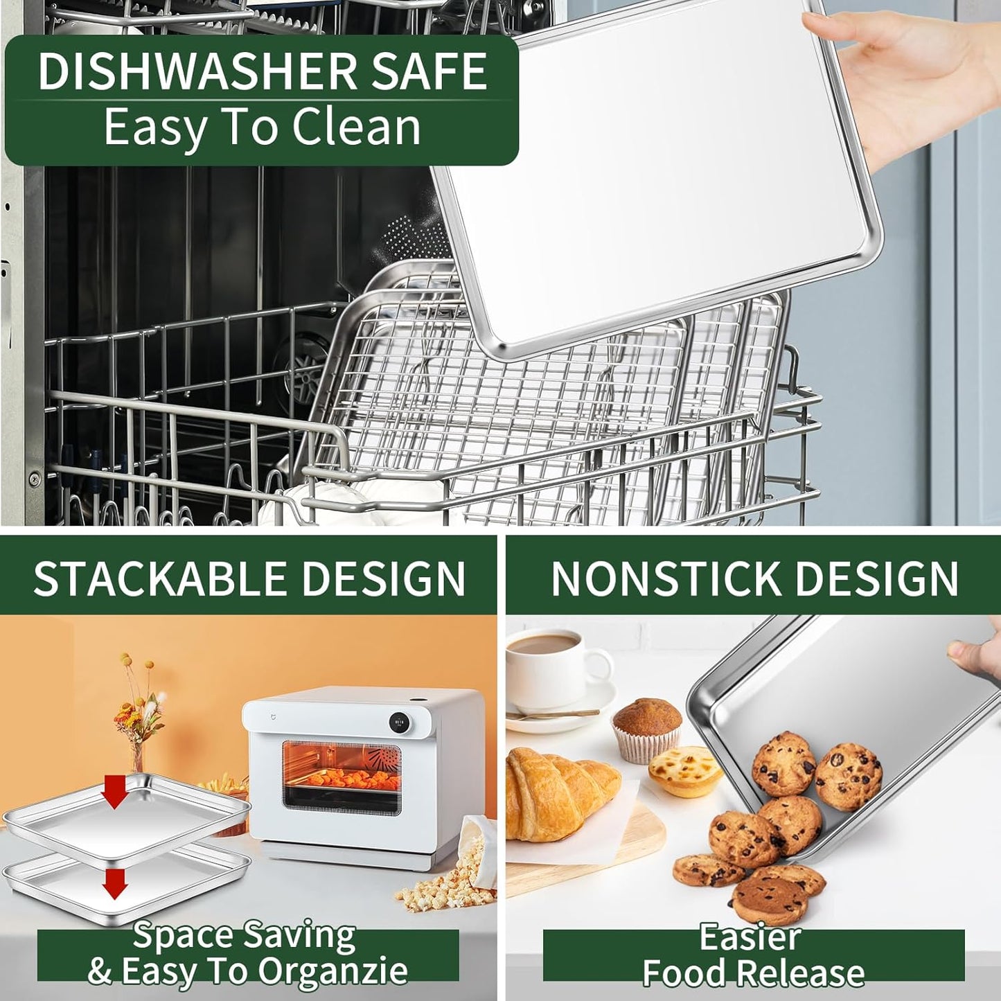 Baking Sheet with Cooling Rack Set(2 Baking Pans+2 Baking Racks), CEKEE Stainless Steel Non Stick Small Cookie Sheet Set, Size 10.39 x 8.07 x 1 Inch, Easy to Clean Small Baking Sheet with Rack Set