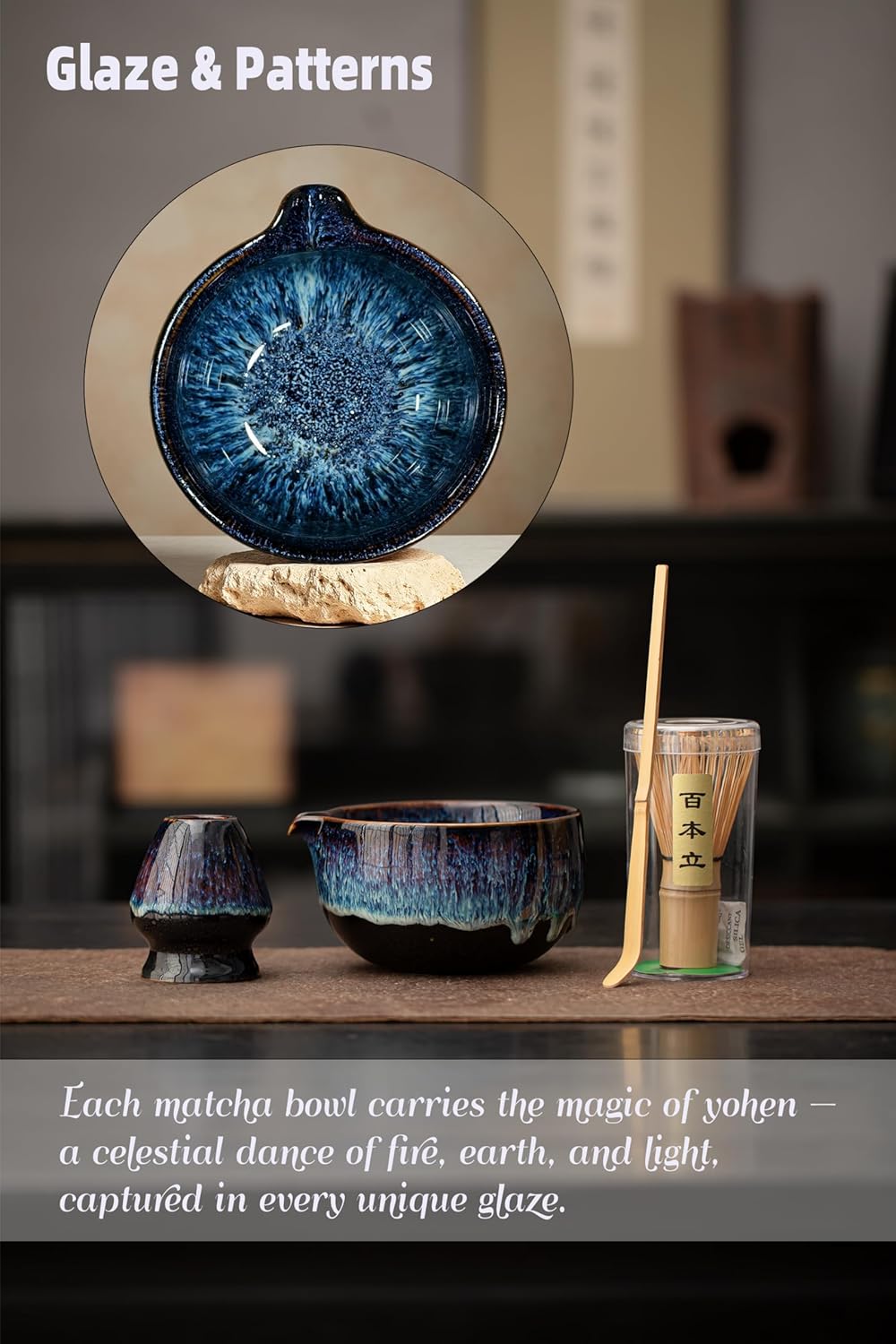 Matcha Whisk Set with Ceramic Bowl - Bamboo Whisk (Chasen), Scoop, Sifter & Holder - Complete Kit for Traditional Matcha Tea - Unique Gifts for Women, Men, Tea Lovers (Luminous-Auric-Sands)