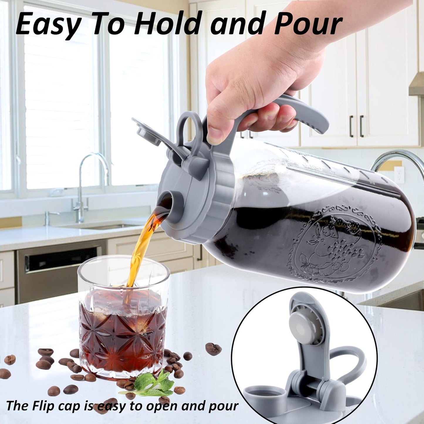 Cold Brew Coffee Maker 64 OZ 2 Pack Mason Jar Cold Brew Pitcher With Infuser 2 Quart Wide Mouth Iced Coffee Maker With Pour Spout Lid And Handle Half Gallon Airtight & Leakproof Pitcher For Fridge