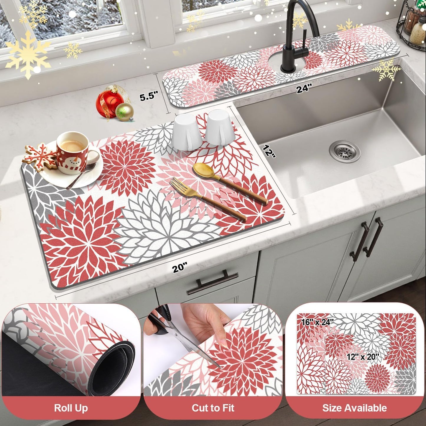 Findosom 2PCS 12" x 20" Christmas Dish Drying Mat & 24" x 5.5" Sink Splash Guard, Super Absorbent & Cuttable Dish Mat Drying Kitchen Mat with Red Floral, Hide Stain Drying Mat for Kitchen Counter