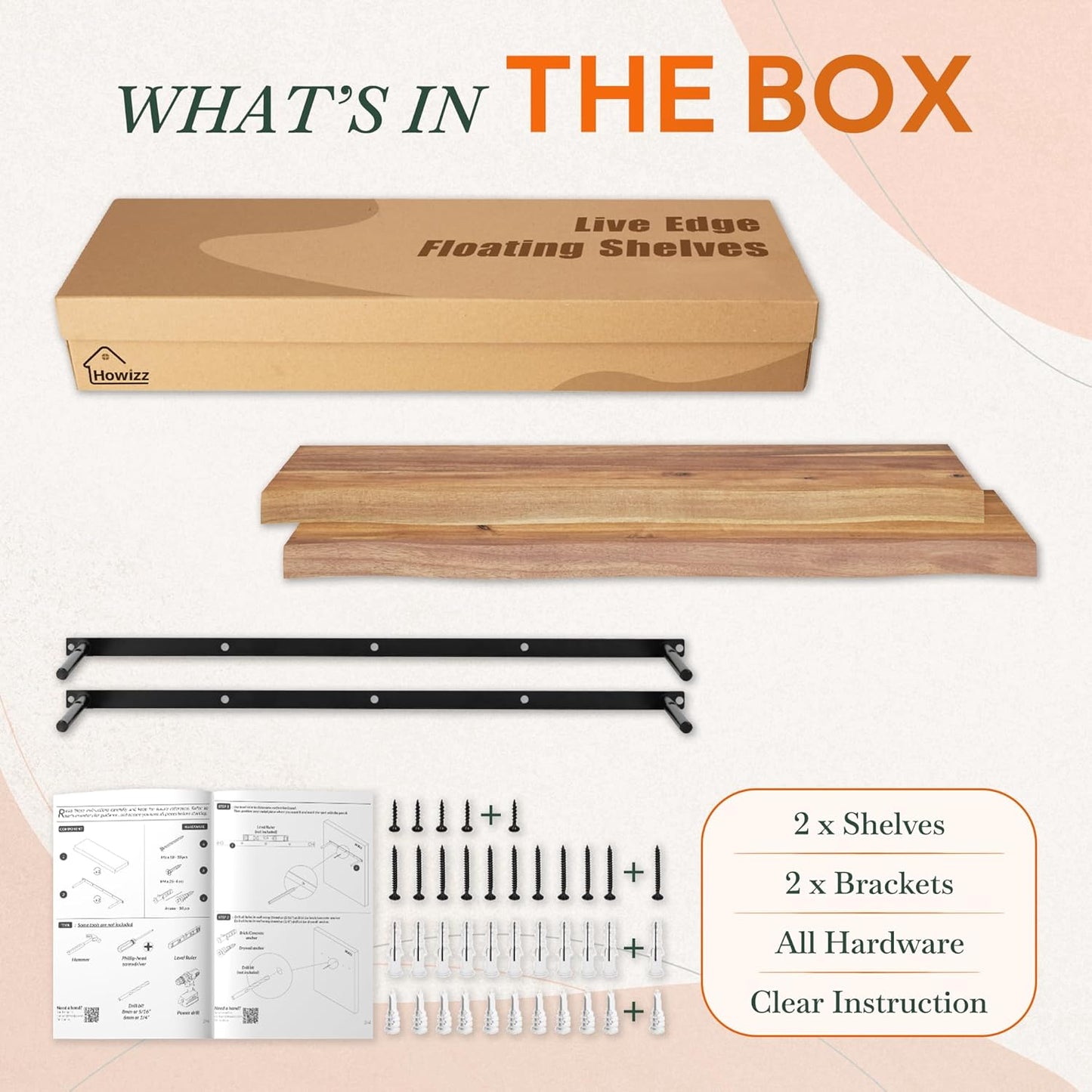 24" Acacia Live Edge Floating Shelves Set of 2 - Wall Mounted Wooden Shelf for Stylish Home Décor - Teak Look Color 24x7.5x1.5 Inches