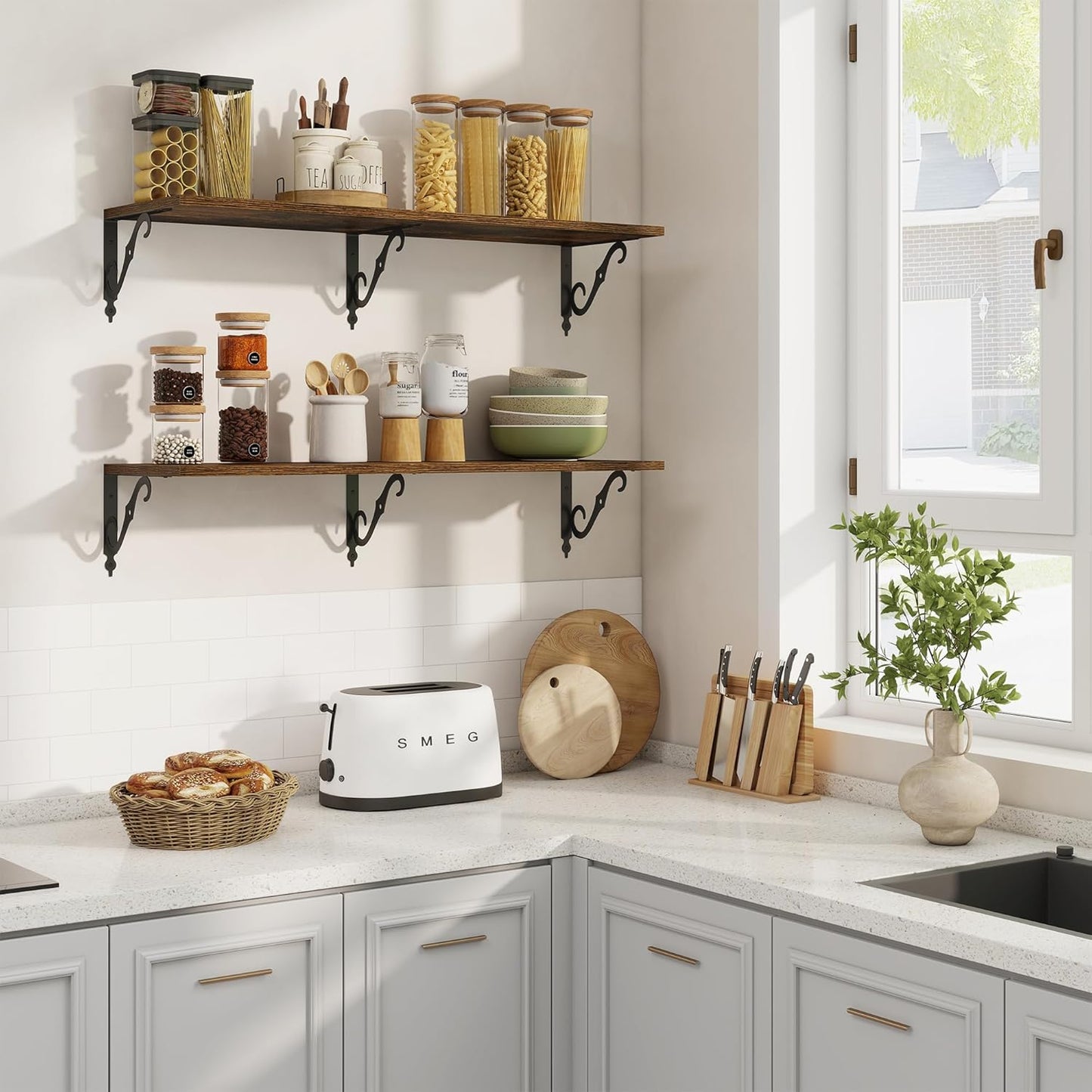 RICHFOCUS 12 Inch Deep Floating Shelves for Wall, 39" W x 12" D Wood Wall Shelves Set of 2, Wide Floating Shelves for Living Room, Bedroom, Kitchen, Bathroom and Decor Storage, Rustic Brown