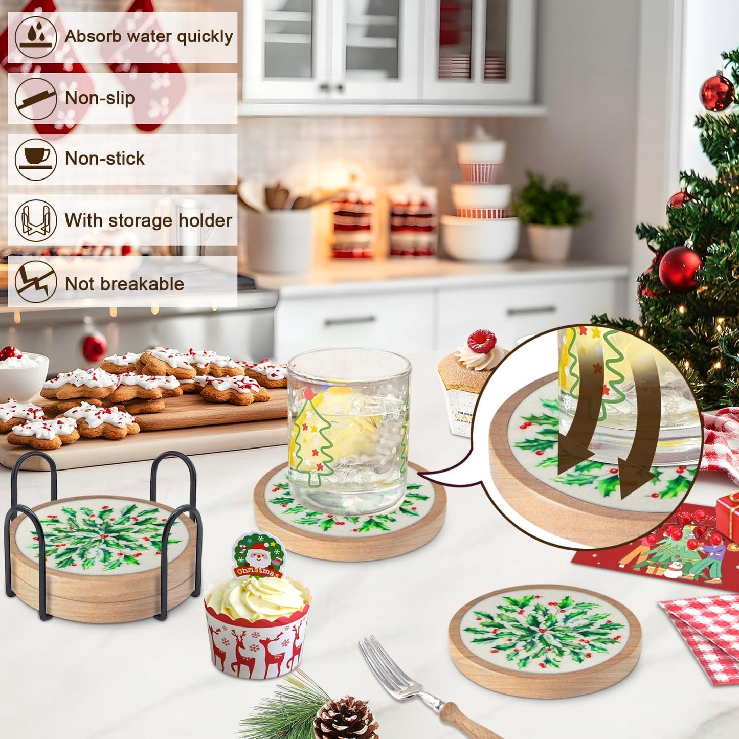 Christmas Coasters Set of 4 with Holder, Cewiru Cup Mat for Drinks, Absorbent Coasters with Felt Insert for Coffee Table Protection, Modern Style Home Dining Table Decor, 4.3"