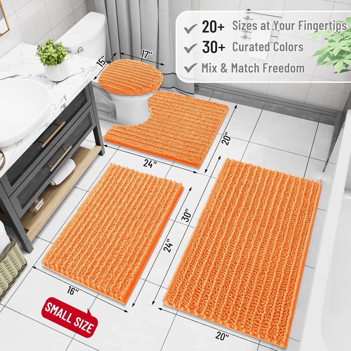 Arotive Luxury Chenille Bathroom Rug Mat, Extra Soft Thick Absorbent Shaggy Bath Rugs, Non-Slip Machine Wash Dry, Plush Bath Mats for Bathroom, Shower and Tub, 30x17, Orange