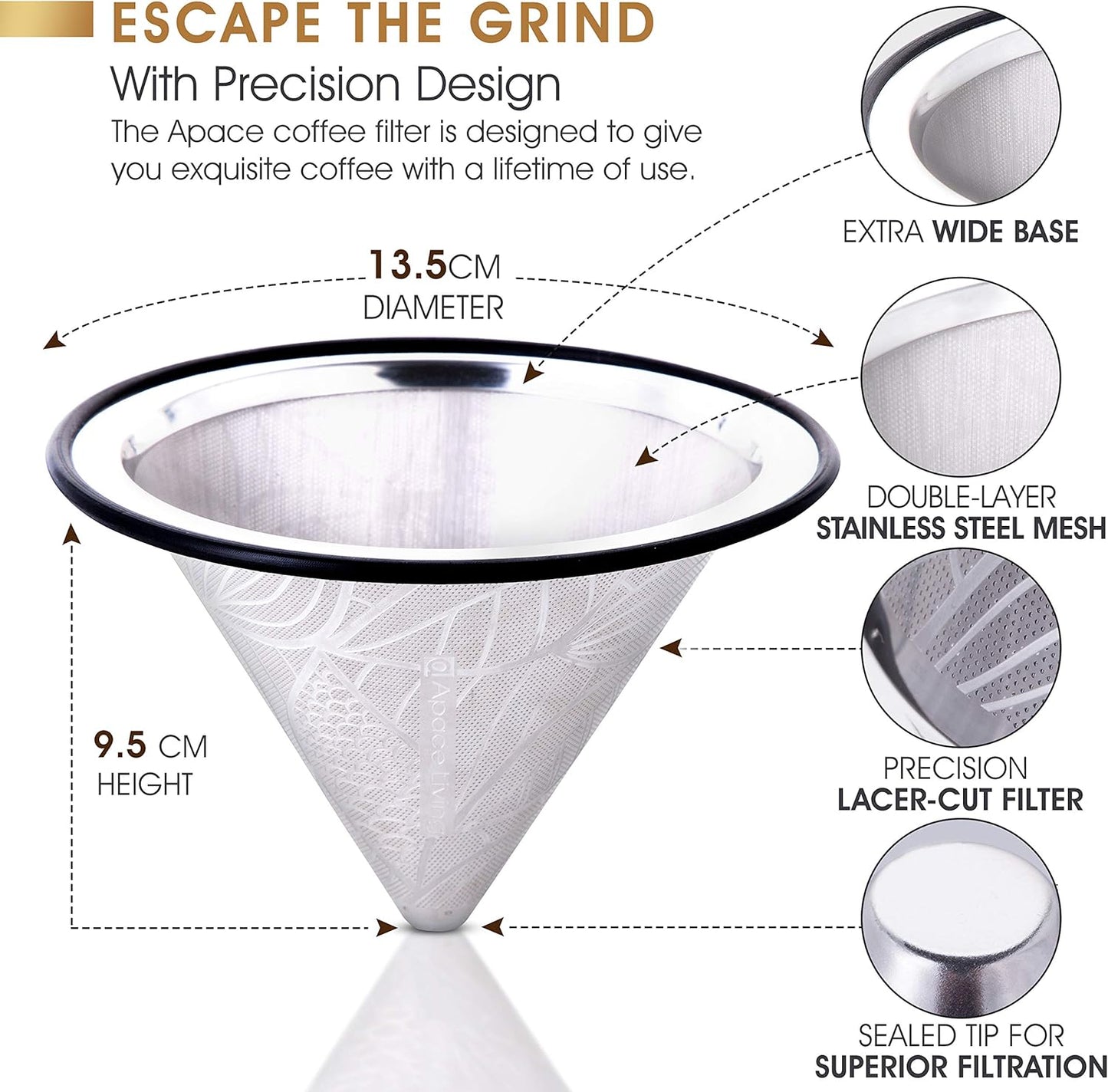 Compatible with Hario V60 Pour Over Coffee Filter - Wide Metal Base Reusable Stainless Steel Coffee Dripper - Paperless Coffee Filter for Sustainable Brewing