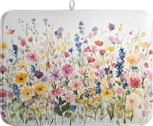 Spring Floral Dish Drying Mat for Kitchen Counter Summer Colorful Flower Kitchen Dishes Dryer Pad Absorbent Matt Microfiber Washable Foldable Reusable Large 18x24 in